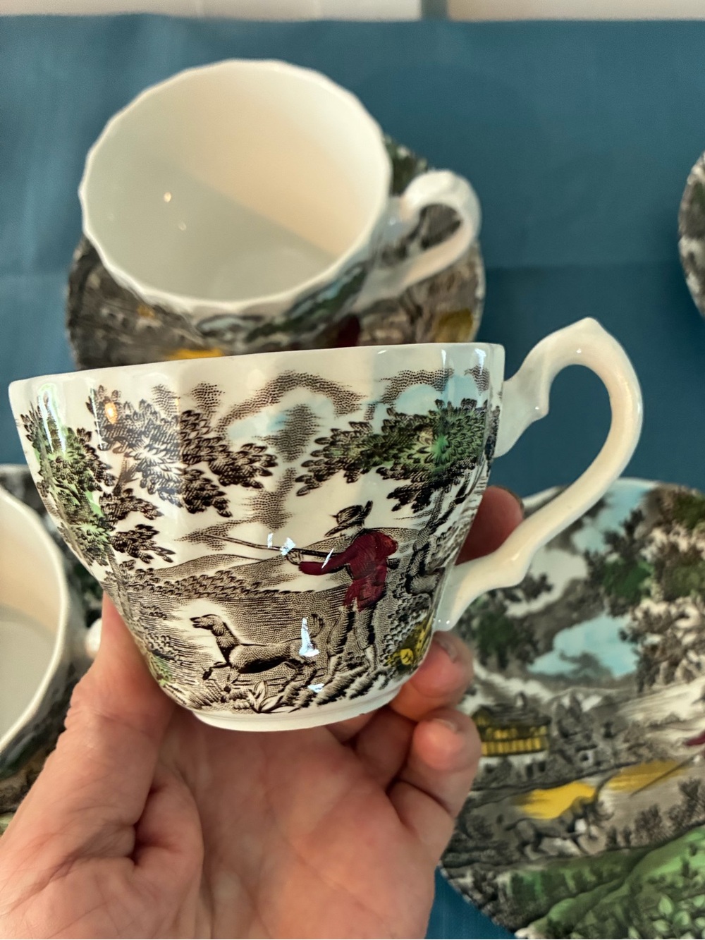 5 Myott The Hunter Tea Cup and Saucer Set Multi Color Brown Transferware 1982